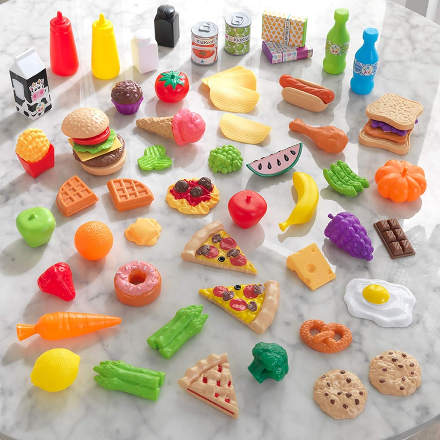 KidKraft 65-Piece Plastic Play Food Set for Play Kitchens, Fruits, Veggies, Sweets, Drinks and More, Gift for Ages 3+