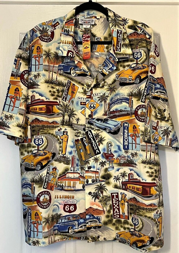 New PACIFIC LEGEND Mens' 3XL S/S Cotton Hawaiian Shirt - Route 66 Print w/Tag