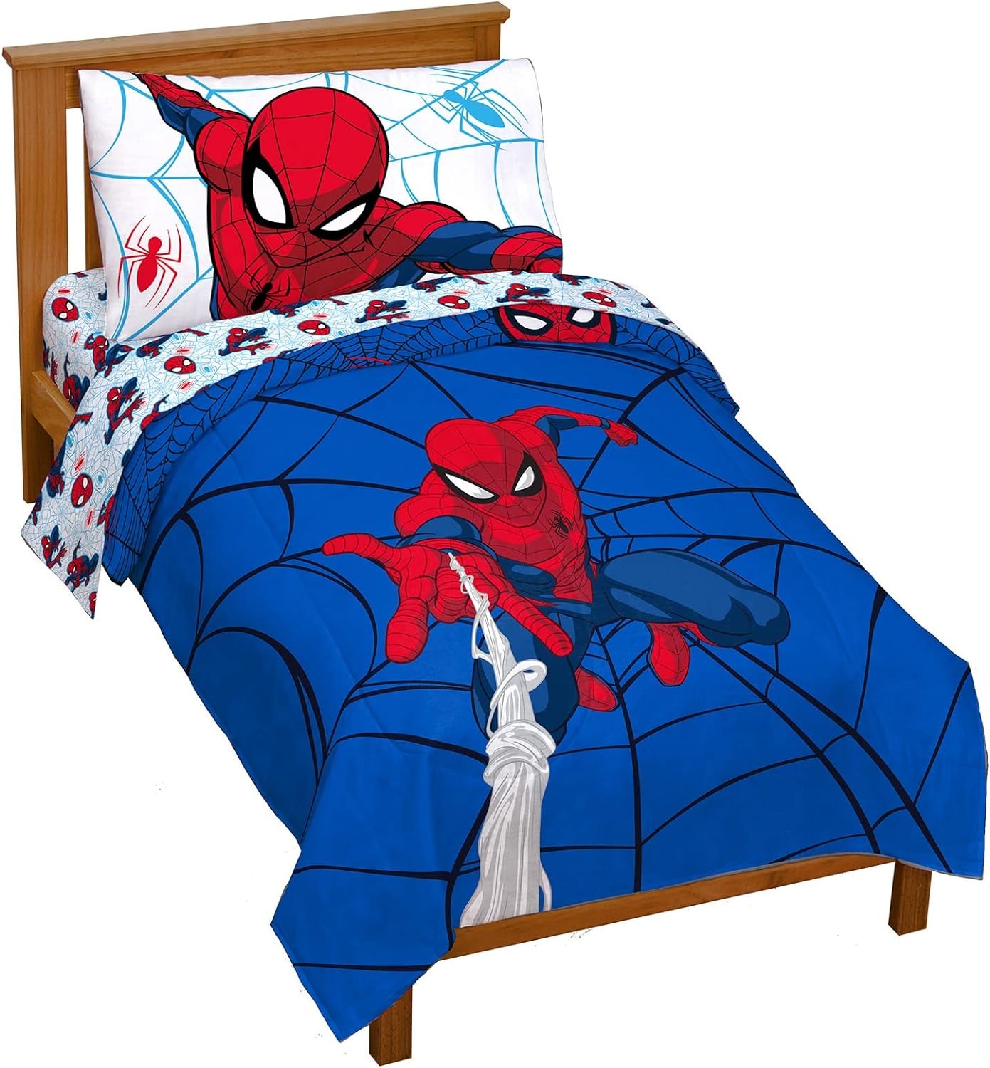 Jay Franco Marvel Spidey and His Amazing Friends Team Spidey 4 Piece Toddler Size Bed Set – Super Soft Microfiber - Includes Comforter & Sheet Set Bedding (Official Marvel Product)